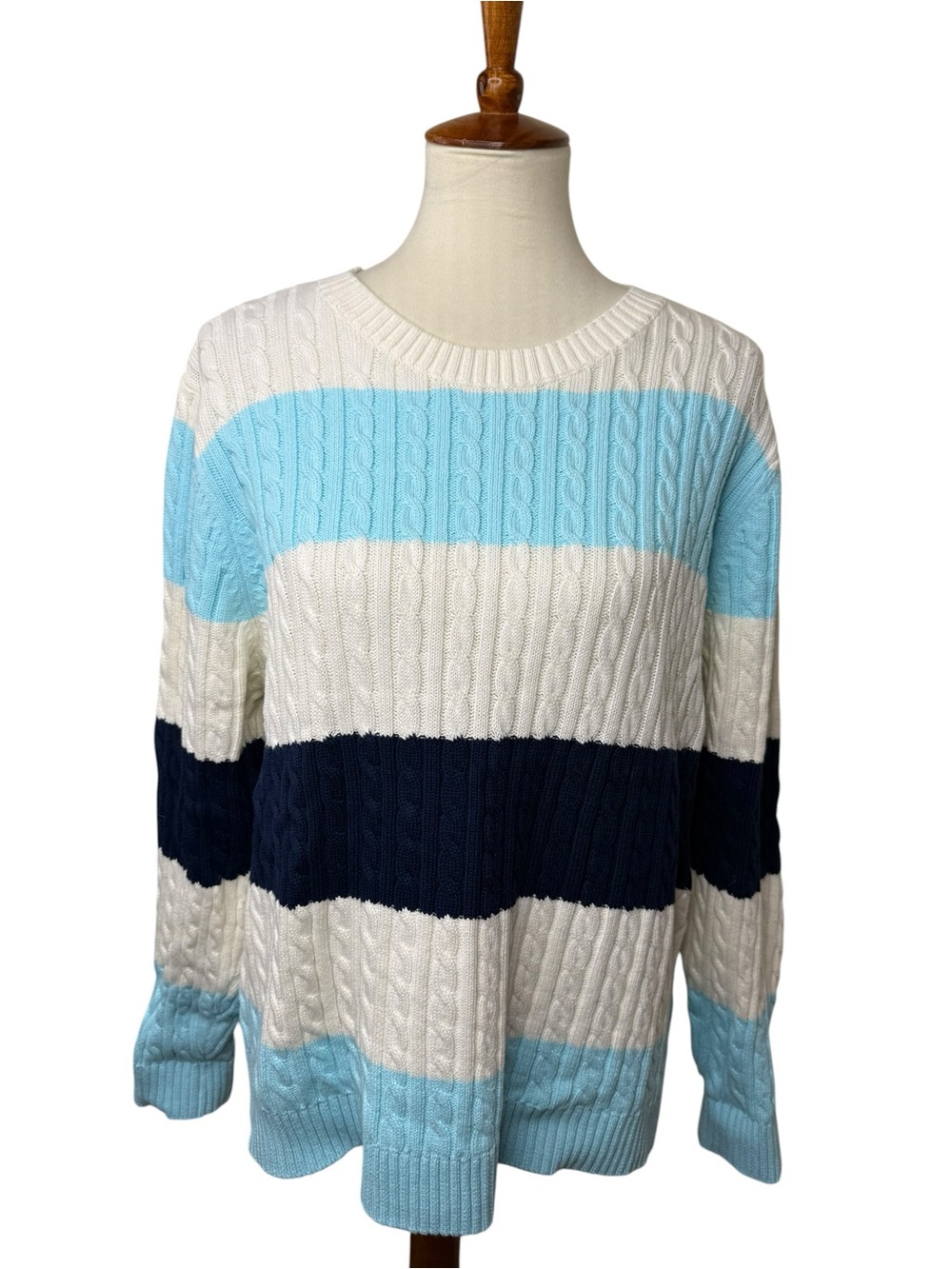 Lands’ End Drifter XL Cable Knit Sweater Blue White Cotton Striped